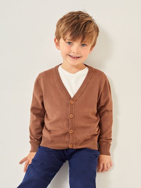 Boy Cardigan Outfit, Shein Basics, Plain Cardigan, Boys Cardigans, Boys Outfits, Brown Outfit, Button Front Cardigan, Cardigan Outfits, Toddler Boy Outfits