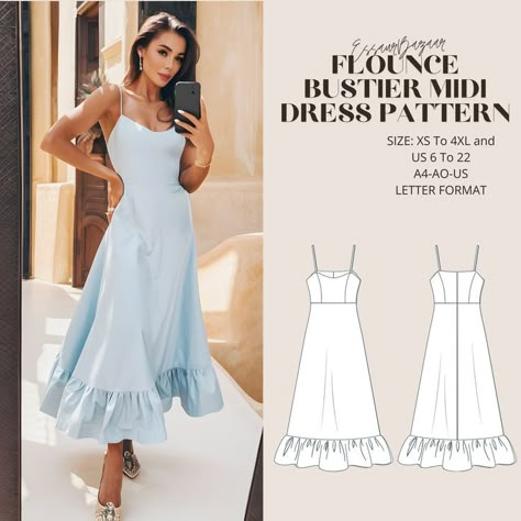 Elegant flounce midi dress pattern features a circular skirt with a flattering A-line silhouette, designed for ease and flow. From XS to 4XL, this sewing pattern creates a stunning summer wedding dress or elegant evening gown.. #Dress #patterns #free #pdf Circular Skirt Pattern, Midi Dress Sewing Pattern, Wedding Midi Dress, Pattern Summer Dress, Summer Dress Pattern, Midi Dress Pattern, Circular Skirt, Elegant Midi Dress, Easy Wedding