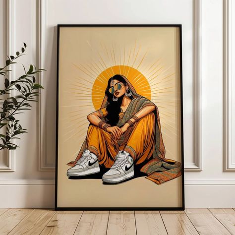 Women with Sneakers #IndianWomenArt #DesiArt #FeministArt #WomenWithSwag #CulturalArt #GirlPower #EmpowermentArt #ModernArt #SneakerStyle #DigitalDownloadArt #WomenInArt #IndianCulture #LivingRoomDecor #FeministPoster #WallArtDecor #SwagArt #ArtForHome #FeministVibes #DigitalArtPrint #CultureDecor #ArtCollectors #BoldArt #ArtForWalls #WomenEmpowerment #DesiCulture #ContemporaryArt #ArtLovers #HomeStyle Indian Cultural Painting, South Asian Wall Art, Indian Art Style, Indian Woman Illustration, Indian Modern Art, Indian Pop Art, Feminist Poster, Modern Indian Art, Desi Art