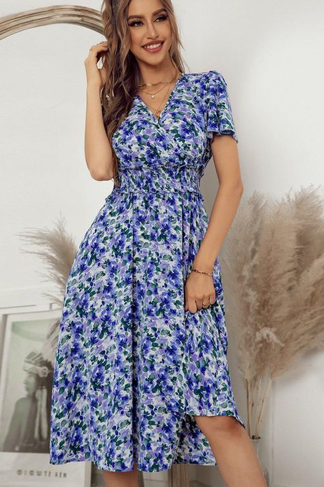 DETAILS: Pattern: Floral Features: Frill trim, midi, flutter sleeves, smocked waist Neckline: Surplice Stretch: No stretch Product measurements: S: length 45 in, bust 37 in, waist 25 in, shoulder 14 in, sleeve 8 inM: length 46 in, bust 39 in, waist 27 in, shoulder 14 in, sleeve 8 inL: length 47 in, bust 41 in, waist 29 in, shoulder 15 in, sleeve 9 inXL: length 48 in, bust 44 in, waist 31 in, shoulder 15 in, sleeve 9 in Material composition: 100% polyester Care: Machine wash cold. Tumble dry low. Printed Long Dresses, Midi Dress Summer, Vintage Floral Print, Crop Top Blouse, Floral Midi Dress, Elegant Woman, Long Skirt, Summer Dress, A Line Dress