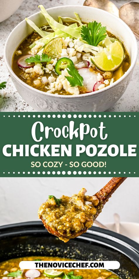 This crockpot chicken pozole saves you from endlessly standing over the stove and still gives you a rich, spicy broth. With shredded chicken, chiles, and hominy, each bowl is pure perfection. Don't forget the toppings, they're what take this pre-hispanic soup to another level. Chicken Posole Verde Crockpot, Crockpot Chicken Pozole Verde, Chicken Pozole Verde Slow Cooker, Crockpot Pozole Verde, Pozole Verde Crockpot Recipe, Chicken Pazole Crock Pot, Crockpot Chicken Posole, Crockpot Posole Chicken, Chicken Pozole Recipe Crockpot