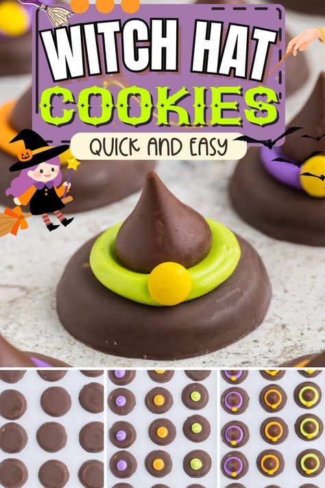 Halloween Edible Crafts, Halloween Witch Hat Cookies, Halloween Witch Cookies, Bake Halloween, Witch Hat Cookies, Witch Cookie, Holiday Entertaining Food, Halloween Themed Food, Princess Pinky Girl