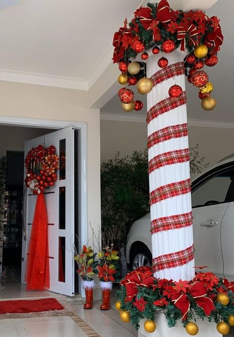 75 Simple Dollar Tree Christmas Decoration Ideas that are scintillating and lively - Hike n Dip Christmas Decor Ideas Outdoor Porch Columns, Christmas Decor For Columns, Christmas Decor For Business, Decorating Columns For Christmas, Crazy Christmas Decorations, Extreme Christmas Decorations, Christmas Column Decor, Christmas Ceiling Decorations, Dollar Tree Christmas