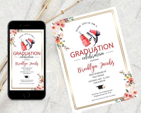 Cosmetology Graduation Party, Cosmetology Graduation, Cosmetology School, Graduation Party Invitation, Graduation Invitation, Graduation Celebration, Graduation Party Invitations, Hair Dresser, Graduation Invitations