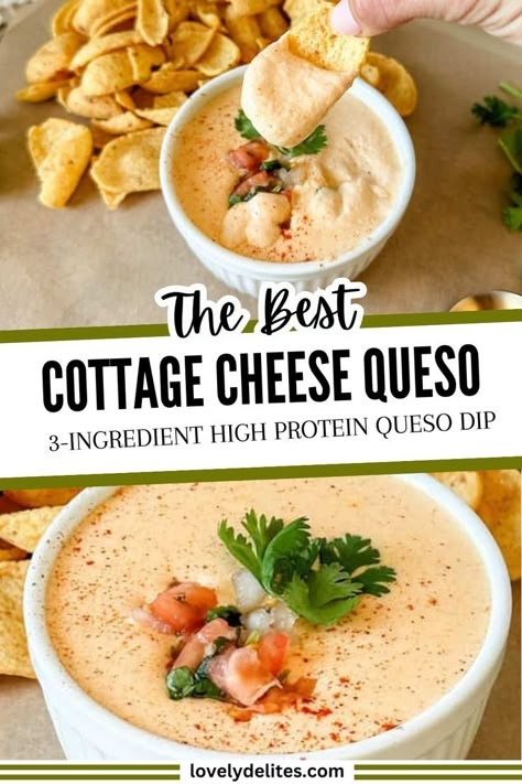 Cottage Cheese Queso offers a creamy and healthy alternative to traditional queso recipes. This recipe mixes protein-rich cottage cheese with flavorful spices and melted cheese, making it great for game day or gatherings. It's simple to prepare, using only 3 ingredients! Enjoy a guilt-free snack that still tastes great! Serve with corn chips, tortilla chips or veggies. Cottage Cheese Queso With Nutritional Yeast, Cottage Cheese And Marinara, Dips Using Cottage Cheese, Cottage Cheese Nachos, Smooth Cottage Cheese Recipe, Best Way To Eat Cottage Cheese, Cottage Cheese And, Cottage Cheese Tots Recipe, Cottage Cheese Burrito