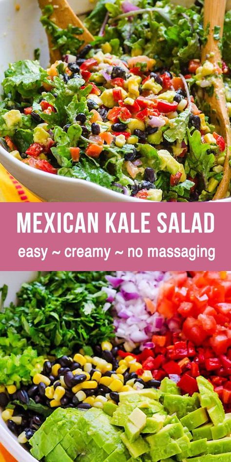 Mexican Kale, Simple Kale Salad, Salad Cucumber, Salad Kale, Best Thanksgiving Side Dishes, Black Beans Corn, Mexican Salads, Kale Salad Recipes, Avocado Dressing