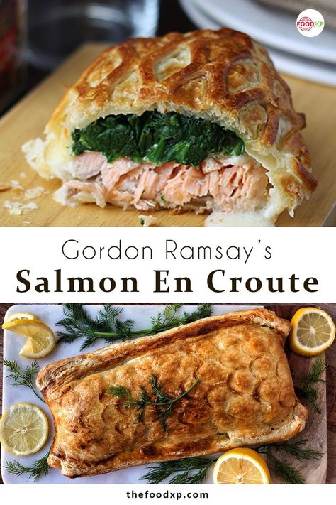 Gordon Ramsay's Salmon En Croute is a beautifully made dish that uses a handful of simple and fresh ingredients. It is best for dinner parties or any occasion. You can get the whole recipe on the THEFOODXP blog. #gordonramsaysalmonencroute #gordonramsaysalmonencrouterecipe #gordonramsayrecipes #salmonencrouterecipegordonramsay #salmonencroute #salmonencrouterecipe Salmon Terrine En Croute, Salmon Dinner Party Recipes, Salmon On Croute Recipe, Salmon En Croute Recipe Gordon Ramsay, Minced Salmon Recipes, En Croute Recipes, Gordon Ramsay Salmon Recipes, Salmon Wellington Recipe Gordon Ramsay, French Salmon Recipes