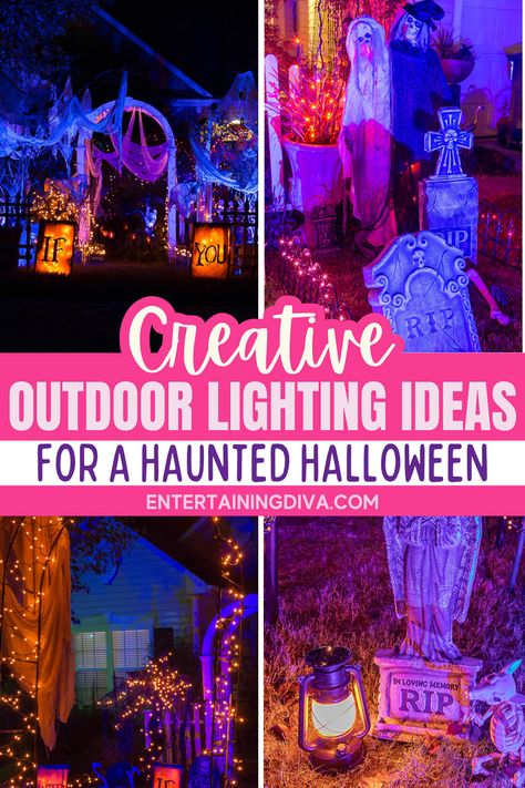 Creative Outdoor Lighting Ideas For A Haunted Halloween | Halloween Outdoor Halloween Lights On House, Outdoor Halloween Lighting Ideas, Halloween Outdoor Decorations Yards, Halloween Yard Decorations Ideas, Halloween Yard Ideas, Spooky Outdoor Halloween Decorations, Front Yard Halloween, Spooky Outdoor Halloween Decor, Halloween Yard Displays