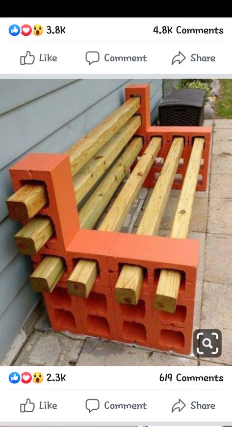 Actual Farmhouse, Garden Pallet Decorations, Cinder Block Furniture, Orange Bench, Antique Furniture Living Room, Dining Table Plans, Diy Esstisch, Cinder Block Bench, Pallet Garden Furniture