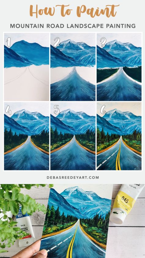 Mountain road painting - Acrylic landscape Step by step - Debasree Dey Art How To Paint Mountains Easy, Landscape Acrylic Painting Tutorials, Painting Mountains Easy, Easy Mountain Painting Acrylics, Gouache Illustrations Landscape, Painting Mountains Acrylic, How To Paint Mountains, Painted Mountains Easy, Mountain Painting Tutorial