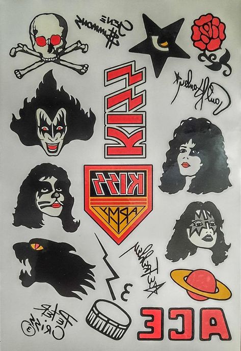 kiss tattoo set Kiss Army Tattoo, Glam Rock Tattoo, Van Halen Tattoo Ideas, King Diamond Tattoo, Kiss Band Tattoo Ideas, Kiss Band Tattoo, Queen Tattoo Band, School Kiss, Kiss Tattoo