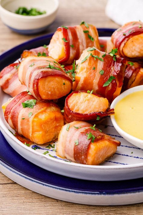 Keto Salmon Bites, Bacon Wrapped Salmon Bites, Bacon Wrapped Salmon, Creamy Honey Mustard, Salmon Bites Recipe, Honey Mustard Dip, Creamy Honey, Mustard Dip, Honey Mustard Dipping Sauce