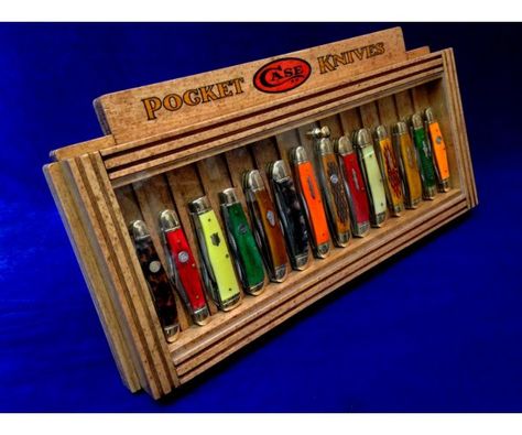 Pocket Knife Display Ideas, Knife Display Ideas, Pocket Knife Display Case, General Store Counter, Pocket Knife Display, Knife Display Case, Counter Top Display, Knife Display, Shadow Box Display Case