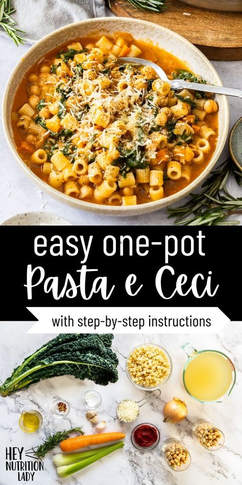 Pasta e Ceci is an easy and delicious vegetarian recipe. This classic Italian chickpea and pasta stew is comfort food to the max! Everything comes together in one pot on the stovetop, combining creamy chickpeas with perfectly al dente pasta in a veggie-loaded broth. Simple, nourishing, and packed with plant-based protein. Pasta With Chickpeas, Italian Diet, Vegetarian Comfort Food, Vegetarian Pasta Recipes, Traditional Italian Dishes, Chickpea Pasta, Vegetarian Protein, Making Pasta, Small Pasta