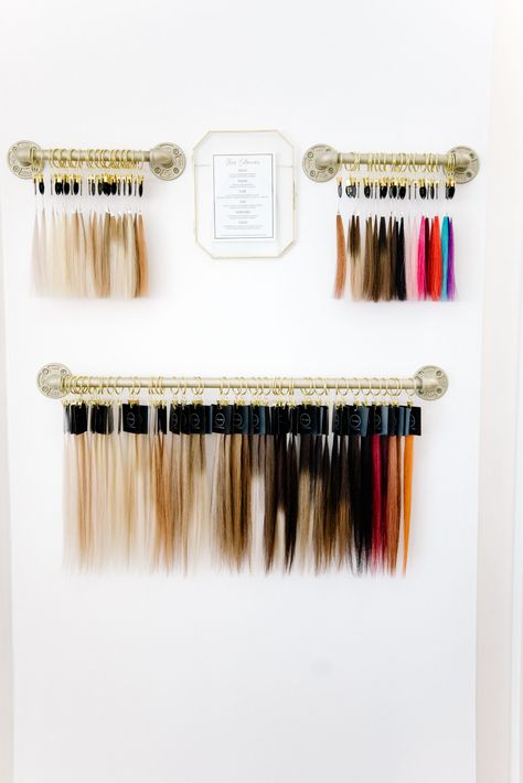 Hair Extensions Display Wall, Hair Extension Wall Ideas, Hair Extension Display Wall, Suite Salon Ideas, Hair Extension Wall, Hair Salon Organization, Hair Extension Display Ideas, Luxe Hair Salon, Salon Organization Ideas