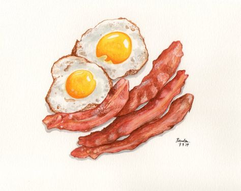 Bacon Painting, Bacon Drawing, Tuna Food, Art Food Drawing, Egg Watercolor, Watercolor Food Illustration, Food References, Wallpaper Drawing, Food Reference