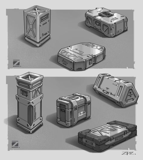 Sci Fi Objects Concept Art, Sci Fi Object Concept Art, Sci Fi Game Assets, Sci Fi Elements, Sci Fi Assets, Sci Fi Crate, Sci Fi Objects, Pengzhen Zhang, Sci Fi Games