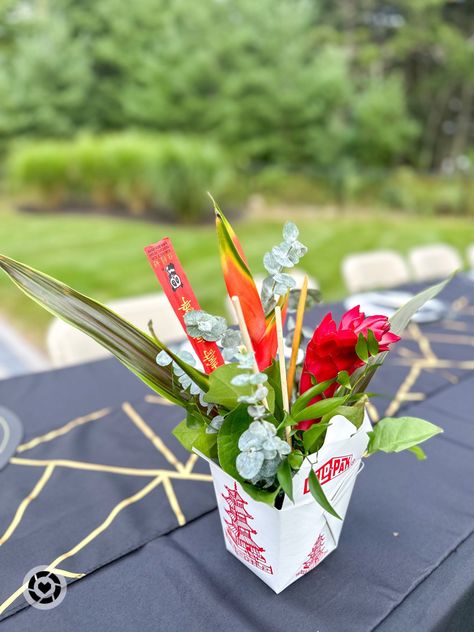 Threw my husband a hibachi dinner party for his 40th birthday 🥢🥡 • table settings, black table cloths, outdoor dinner party, hibachi party, Japanese, amazon finds, black place settings Hibachi Party Decor Ideas At Home, Hibachi Dinner Party Ideas, Home Hibachi Party, Backyard Habatchi Party, Sushi Bachelorette Party, Hibachi Table Set Up, Japanese Theme Parties Decorations, Hibachi Decorations, Hibachi Birthday Party Table Set Up