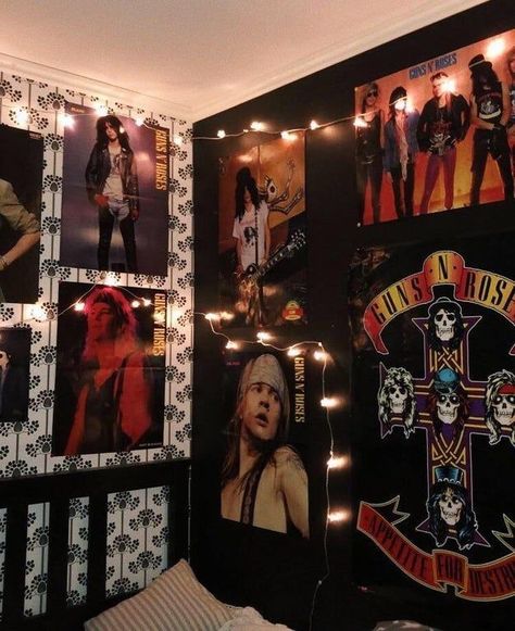 Rock N Roll Bedroom Decor, Rock Bedroom Decor, 80s Rock Themed Bedroom, Rock Star Bedroom Ideas, Bedroom Ideas Rock And Roll, Band Bedroom Ideas, Classic Rock Room Decor, 80s Metal Bedroom, 90s Rock Bedroom