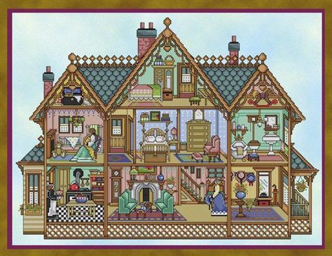 click here to view larger image of Victorian Dollhouse (chart) Dollhouse Artwork, Victorian Cross Stitch, House Cross Stitch, Stitch Doll, Cross Stitch House, Victorian Dollhouse, Victorian Dolls, Diy Cross, Diy Cross Stitch