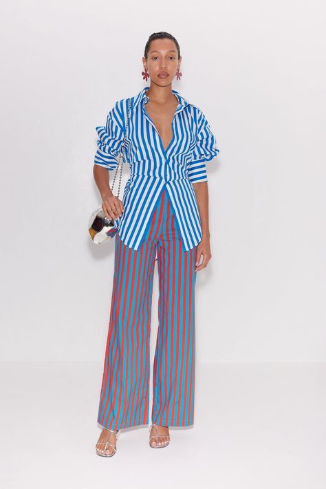 Pia Striped Poplin Pant in Blue/Paprika Stripe Striped Blouses For Women, Stripe On Stripe Outfit, Stripes On Stripes, Maximalist Womens Fashion, Fun And Chic Outfits, Pastel Blue Color Combinations, Mixed Prints Outfit Street Style, Business Casual Outfits For Women Colorful, Colorful Summer Fashion