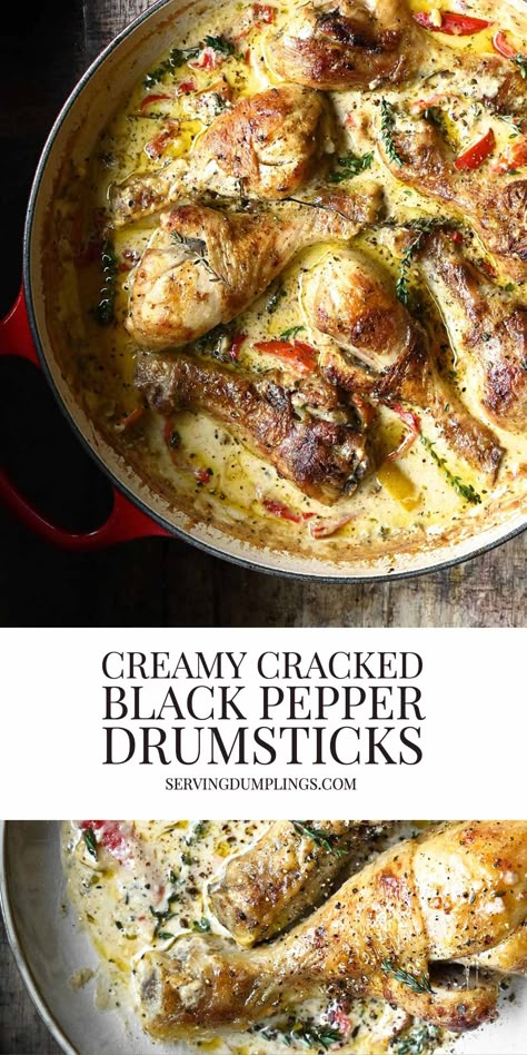 Creamy Black Pepper Chicken Drumsticks Oven Baked Drumsticks, Creamy Pepper Sauce, Serving Dumplings, Baked Drumsticks, Dinner Feast, Roasted Bell Peppers, Black Pepper Chicken, Chicken Drumstick, Baked Chicken Drumsticks