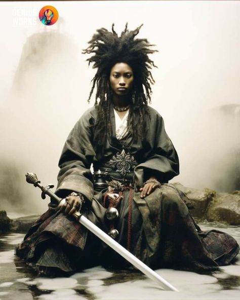 Black Warrior Aesthetic, Traditional Brazilian Clothing, Afro Japanese, Black Women Samurai, Ancient Japanese Clothing, Afropunk Outfits, Black Samurai Character Design, Black Samurai With Dreads, Afro Samurai Concept Art