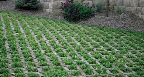 Greenery grows right through open concrete grid systems such as Turfstone. Strong enough to handle vehicles while offering excellent drainage and erosion protection, open concrete grid blocks are commonly filled with soil and then planted with grass or a durable ground cover. Turfstone pavers measure 24 by 15.75 inches and are available through Belgard. Grass Driveway, Permeable Driveway, Permeable Paving, Permeable Pavers, Patio Layout, Stone Steps, Drainage Solutions, Driveway Design, Barn Garage