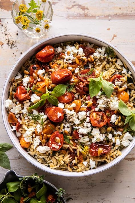 Feta Orzo, Easy Potluck, Half Baked Harvest Recipes, Quinoa Dishes, Tomato Basil Pasta, Orzo Recipes, Roasted Cherry, Roasted Cherry Tomatoes, Harvest Recipes