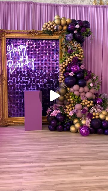 BalloonistaOf Houston on Instagram: "Another highly requested setup💜 With our large Gold frame!! Shades of purple always shine so beautifully💜💜💜  Setup by: @balloonistaofhouston  💜Balloons  💜purple sequence wall 💜gold frame  💜pedestal  💜HBD NEON SIGN  💜floral   #birthdayideas #hbd #purplebirthday #purpletheme #purpleshades #houstonballoonservice #houstonballoondecor #houstonkidsparties #balloonistaofhouston #goldframebackdrop #houstonpartyrentals #houstonballoonartist" Gold And Purple Birthday Decorations, Sweet 16 Backdrop Ideas, Sequence Wall, Large Gold Frame, 50 Shades Of Purple, Purple Birthday Decorations, Balloons Purple, Balloon Creations, Gold Backdrop