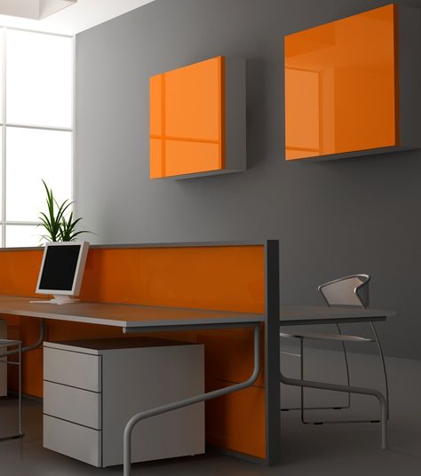 Orange & Grey Office Decor Orange And White Office, Orange Office Aesthetic, Orange And Black Office, Orange Office Interior, Red Office Design Interiors, Office Orange Design, Office Interior Design Orange, Grey Office Decor, Orange Office Decor