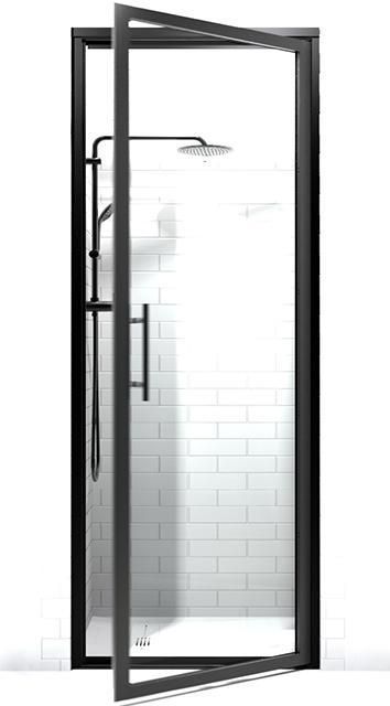 bathroom interior Gridscape Swing Shower Door in Black with Clear Glass – divided STYLE Framed Sho Gridscape Shower Door, Coastal Shower Doors, Black Shower Doors, Custom Shower Doors, Framed Shower Door, Rustic Glam, Rustic Shabby Chic, Custom Shower, Residential Interior Design