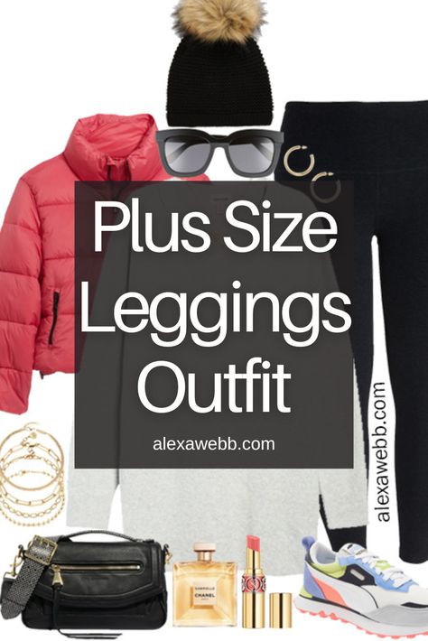 Plus Size Leggings Outfits - Grey Sweater - A plus size outfit idea for winter with a tunic sweater, leggings, puffer jacket, and sneakers. A bit of an athleisure vibe. Alexa Webb Grey Leggings Outfit Casual, Cute Winter Outfits Plus Size, Athleisure Outfits Plus Size, Plus Size Joggers Outfit, Substitute Teacher Outfits, Plus Size Athleisure Outfits, Plus Size Legging Outfits, Grey Leggings Outfit, Tights And Sneakers