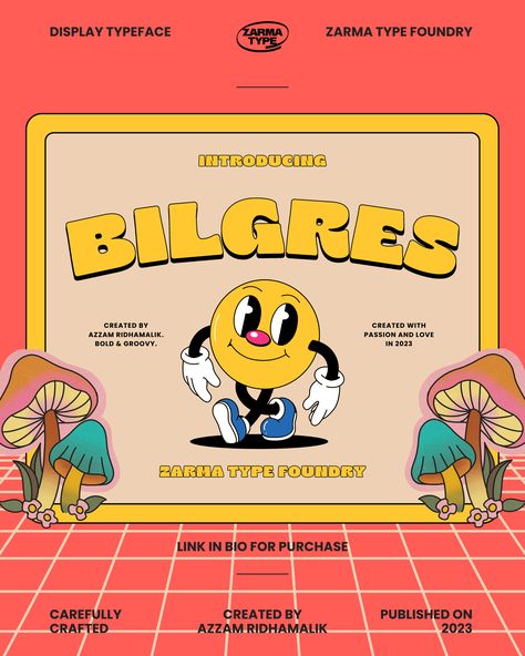 Bilgres Retro Font by www.zarmatype.com Retro Cartoon Illustration, Cartoon Layout, Posters Album Covers, Retro Edit, Wide Fonts, Art Stand, Creative Fonts, Unique Display, Retro Cartoons