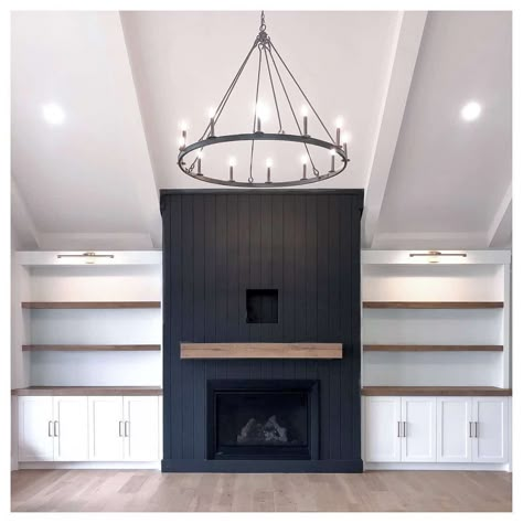 Black Vertical Shiplap, Vertical Shiplap Fireplace, Coastal Modern Living Room, Fireplace Bedroom, Vertical Shiplap, Interior House Ideas, Basement Living Room, Shiplap Ceiling, Fireplace Update