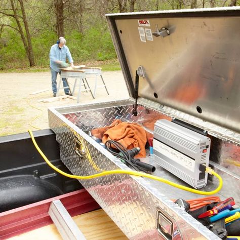 Generate power for corded tools anywhere you go without the cost and hassle of a gas-powered generator by wiring a power inverter to your truck battery. Gutter Drainage, Gas Powered Generator, Truck Tools, Truck Tool Box, Truck Mods, Portable Generator, Jeep Commander, Power Inverter, Emergency Prepping