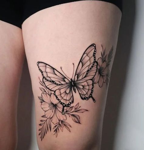 Legs Tattoos For Women Butterfly, Fine Line Flower And Butterfly Tattoo, Front Thigh Tattoo Women, Tattoo Women Butterfly, Butterfly Tattoo Back, Best Thigh Tattoos, Front Thigh Tattoos, Butterfly Leg Tattoos, Match Tattoo