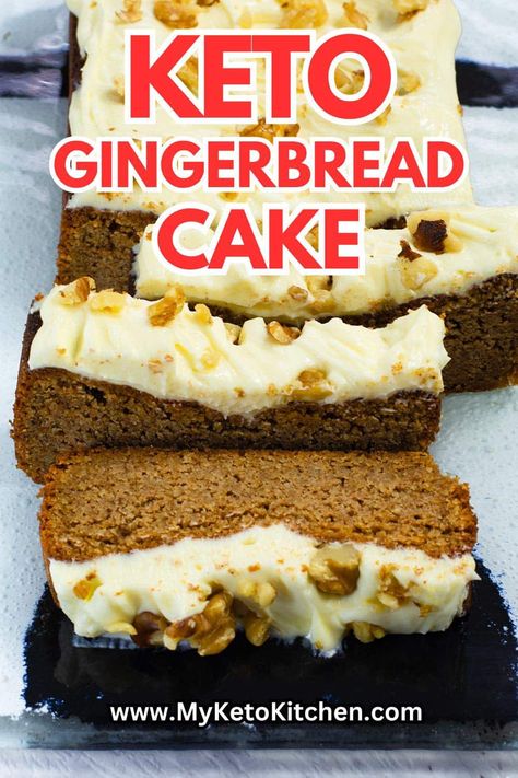 This delicious keto gingerbread cake isn't just perfect for the festive season. It's the ideal accompaniment with tea, coffee, or dessert all year round. This keto gingerbread cake is moist and easy to make with only 2g net carbs per slice. Keto Gingerbread Pound Cake, Keto Gingerbread Loaf, Keto Gingerbread Cake, Christmas Keto Recipes, Keto Loaf, Keto Christmas Desserts, Keto Cake Recipes, Gingerbread Loaf Cake, Low Carb Holiday Desserts