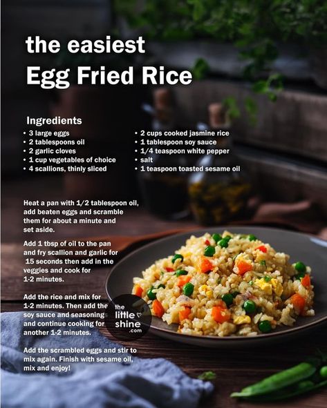 Easy Egg Fried Rice, Cooking Jasmine Rice, Egg Fried Rice, Grits Recipe, Healthy Indian Recipes, Rice Side Dishes, Rice Ingredients, Asian Foods, Easy Eggs