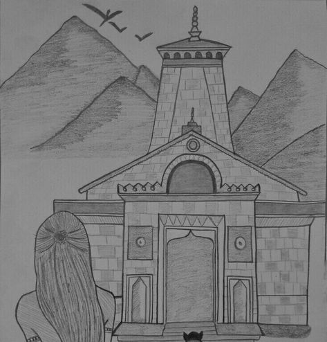 Kedarnath temple 💕💕 Kedarnath Drawing Pencil, Kedarnath Temple Drawing Easy, Kedarnath Drawing Simple, Kedarnath Temple Pencil Sketch, Kedarnath Sketch, Kedarnath Temple Sketch, Kedarnath Temple Drawing, Kedarnath Drawing, God Sketch