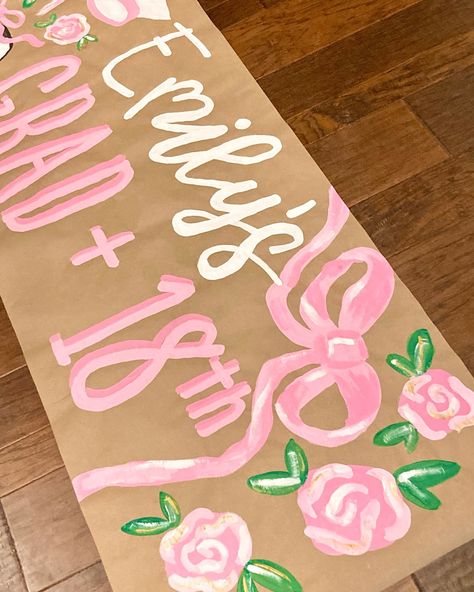 ✨🎀💐⚽️💗 Love Shack Fancy Birthday, Hoco Brunch, Hoco Themes, 18th Birthday Banner, Painted Banners, Fancy Painting, 14th Birthday Party Ideas, 20th Bday, Grad Banner