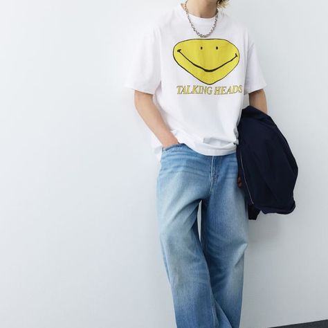 Talking Heads White Basic Tshirt by @minmodclo. 🌝 #white#tshirts#basic [white tshirt, basic design, graphic design, white tshirt with smiley face, smiley face, yellow design, aesthetic tshirt, oversized tshirt, funky tshirt, Pinterest finds ] #white #tshirts #basic #smileyface #yellow #aesthetic #oversized #funky #pinterestaesthetic #pinterest #fashion #instagram #fyp #fypシ #explore Smiley Face Yellow, Customised Clothes, Aesthetic Tshirt, Tshirt Oversized, Yellow Design, Talking Heads, Basic Design, Yellow Aesthetic, Pinterest Fashion