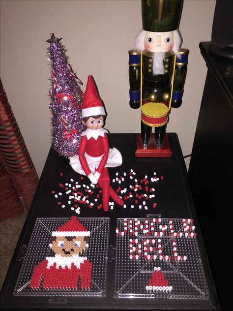 Elf on the shelf day 18!!  Jingle Bell made a portrait of herself with perler beads!! Elf Hama Beads, Elf Perler Beads, Elf On The Shelf Perler Beads, Elf Kit, Elf Antics, Elf Fun, Fuse Bead Patterns, Girl Elf, Perler Bead Templates