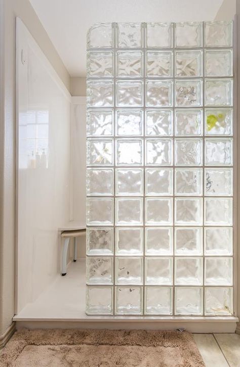 Bathroom With Glass Blocks, Glass Block Shower Wall Bathroom, Glass Blocks Shower Wall, Glass Block Shower Wall Small Bathroom, Glass Block Shower Wall, Brick Bathroom, Glass Block Shower, Happy Room, Glass Brick