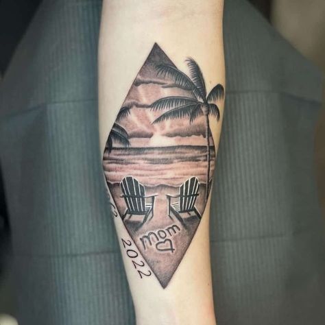 Women Beach Tattoo, Beach Landscape Tattoo Design, Black And White Beach Tattoo, Seashell Memorial Tattoo, Memorial Beach Tattoo, Beach Memorial Tattoo, Ocean Memorial Tattoo, Beach Chair Tattoo, Beach Tattoo Ideas For Women