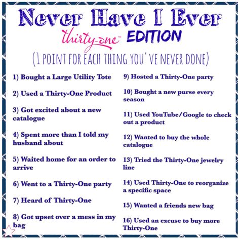 Never have I ever Thirty-One edition. Game graphic for Facebook VIP group. Spring/summer 2018 www.mythirtyone.ca/sabrinawhite Thirty One Logo, Thirty One Games, Facebook Party Games, Online Party Games, Crazy Home, Thirty One Totes, Thirty One Party, Thirty One Business, Thirty One Consultant