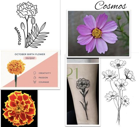 Cosmos And Marigold Tattoo, Flower Wrap Around Tattoo, Marigold And Cosmos, Birth Tattoo, Flower Cosmos, October Flower, Marigold Tattoo, Wrap Around Tattoo, October Birth Flowers