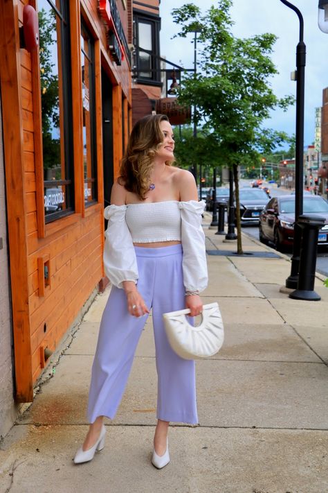 The summer outfit you can wear anywhere. Love the lavender pants! Mint And Lavender Outfit, How To Style Lavender Pants, Lavender Outfit Ideas Casual, Lavender Shoes Outfit, Lavender Aesthetic Outfit, Lavender Birthday Outfit, Lavender Outfits For Women, Birthday Outfit Ideas For Women Casual, Lavender Outfit Aesthetic