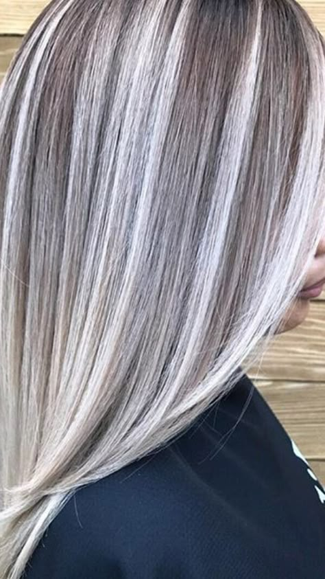 Platinum To Grey Hair, Mushroom Brown Hair With Platinum Highlights, Silver Blonde Hair Highlights, Grey Hair With Lowlights, Silver Hair With Lowlights, Grey Hair Color Silver, Hair With Lowlights, Grey Hair Transformation, Silver Blonde Hair