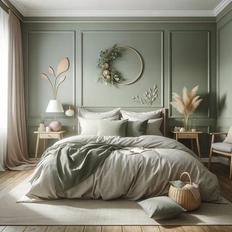 sage green bedroom Sage Bedroom Walls Inspiration, Calming Green Paint Colors For Bedroom, Green Wall For Bedroom, Green Wardrobes Bedroom, Sage Green Bedroom With Panelling, Sage Walls Bedroom Decor, Sage Green Wall Ideas, Green Bedroom White Bed, Bedroom Green Walls Ideas